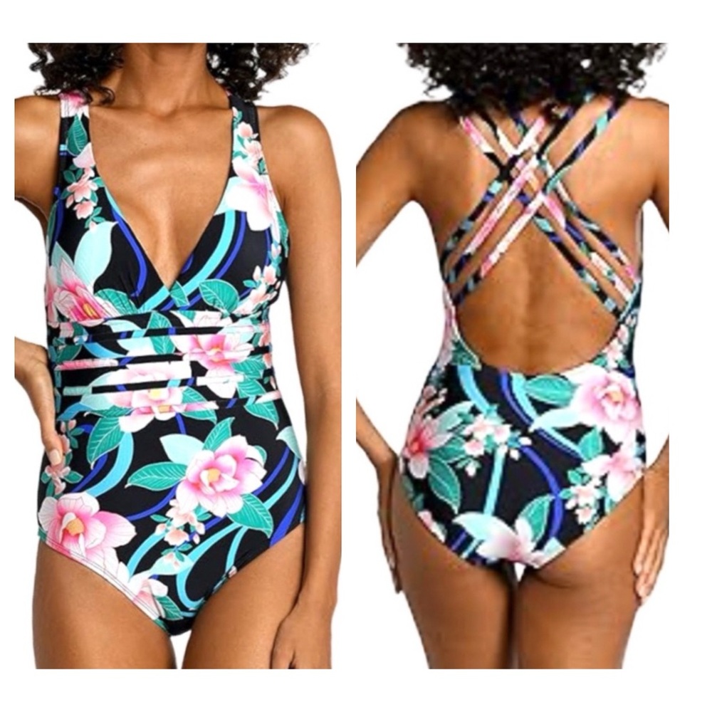 NEW La Blanca One Piece Swimsuit Crossover Back Nightfall Blooms Black Size 14